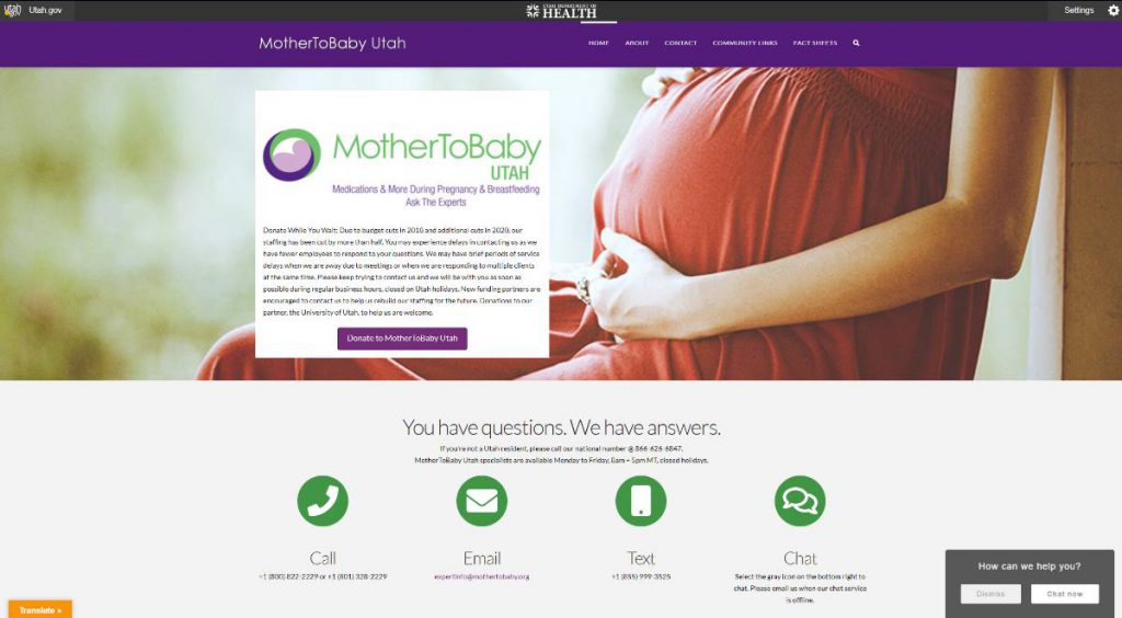 Screenshot of Mother To Baby Utah Web Site