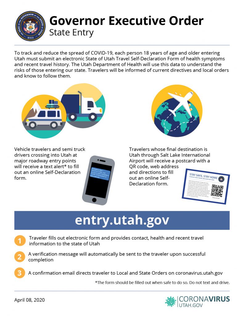  Gov. Herbert has issued an Executive Order establishing a requirement for individuals entering Utah to complete a travel declaration form. The Utah Department of Transportation will collect this information in an electronic form individuals will receive via text message upon entering the state.



The order requires every individual 18 years of age or older who enters Utah, either as a final destination through the Salt Lake City International Airport, or on Utah roads, to complete a travel declaration form before entering the state. 