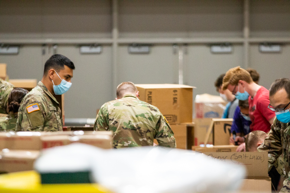 workers at the R-S-S prepare supplies to be shipped to hospitals