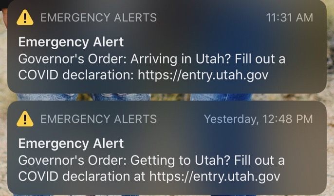 now-discontinued alerts that were sent to motorists at utah's state lines also reached residents.