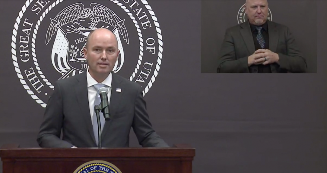 Photo from livestream of Governor Cox presenting changes to the COVID-19 vaccination plan