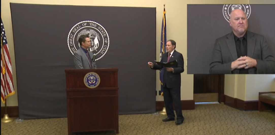 Governor herbert speaks with Nate Checketts, our testing branch director during an August 2020 press conference.