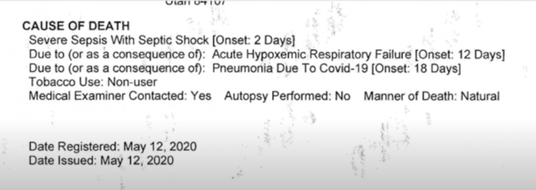 a death certificate that describes the causes of a person's death due to COVID-19