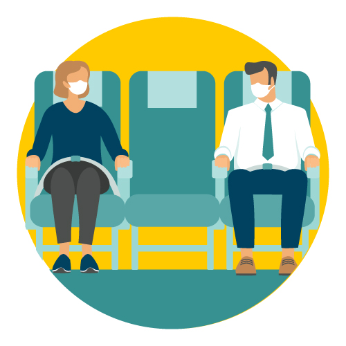Gráfico que muestra a los pasajeros del avión con máscaras y con un asiento vacío entre ellos.